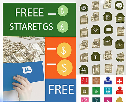 Create a collage of icons representing the benefits of free strategies