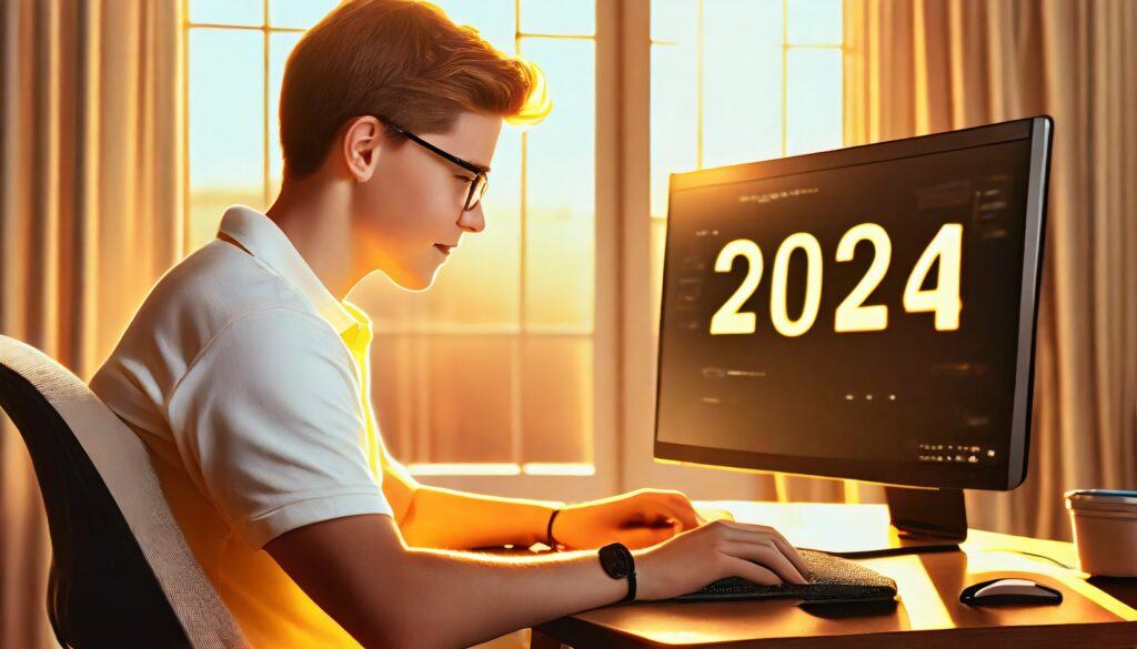 A teenager working on a computer, and on the computer it says -2024