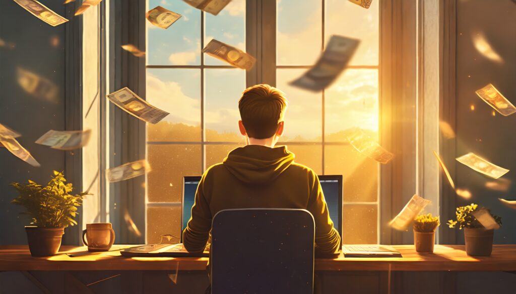 a teenager sitting down working on his computer, and money is falling behind him from the sky