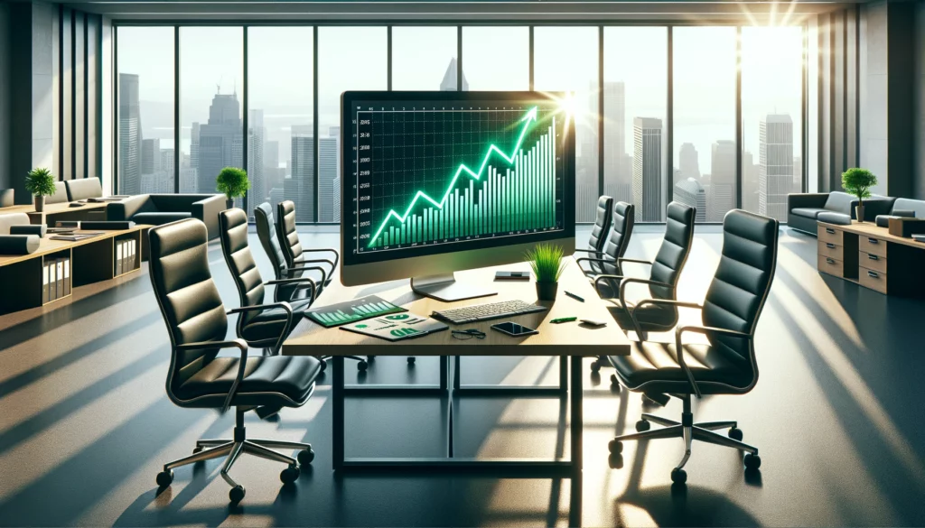 What Are The Pros And Cons Of Starting Your Own Business? 2 image-featuring-an-upward-trending-graph-symbolizing-benefits-and-success-within-a-business-office-setting