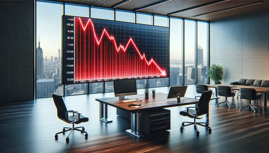 What Are The Pros And Cons Of Starting Your Own Business? 3 image-featuring-a-downward-trending-graph-symbolizing-challenges-or-losses-within-a-business-office-setting