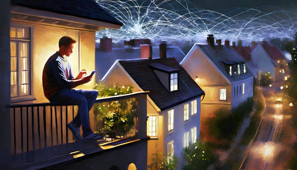 A bunch of houses, and a guy on a balcony looking at his phone, and internet connections between the houses and his phone