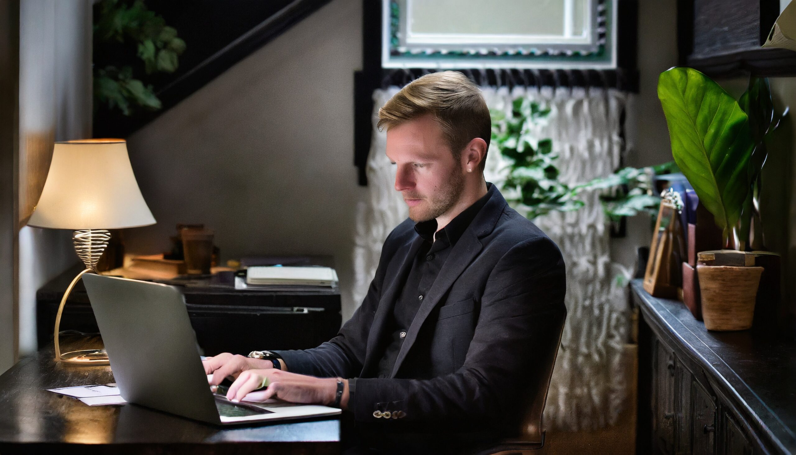 A-man-sitting-down-and-working-on-his-computer-in-a-dark-colored-fancy-home-and-fancy-dark-b