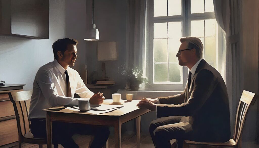  Two people sitting in a house, at a table. One of them is talking to the other