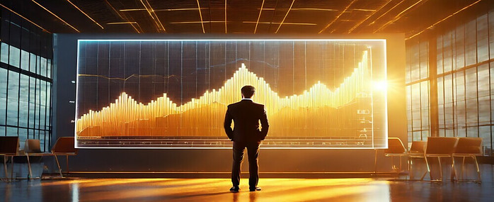 a-graph-going-upwards-in-a-big-screen-and-a-businessman-standing-there-and-analyzing-it-