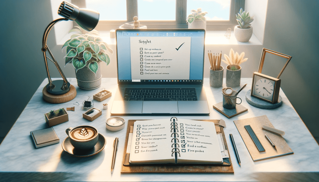 An image of a modern, clean workspace with a touch of personality. There is an open notebook in the center of the desk, with a checklist of tasks