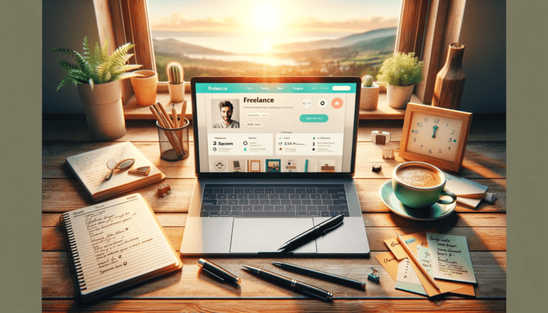 How To Find Freelance Writing Clients-A-creative-workspace-with-an-open-laptop-showing-a-vibrant-welcoming-profile-page-on-a-freelance-platform-