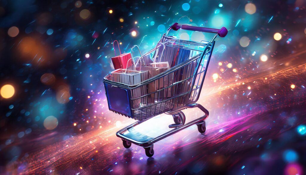 A Shopping cart, floating in cosmos, and there are items in it too