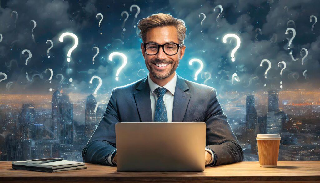 Unlock the Secrets: Finding Freelance Writing Clients Made Easy 4 A friendly, approachable expert (like a cartoon character or a professional figure) sitting