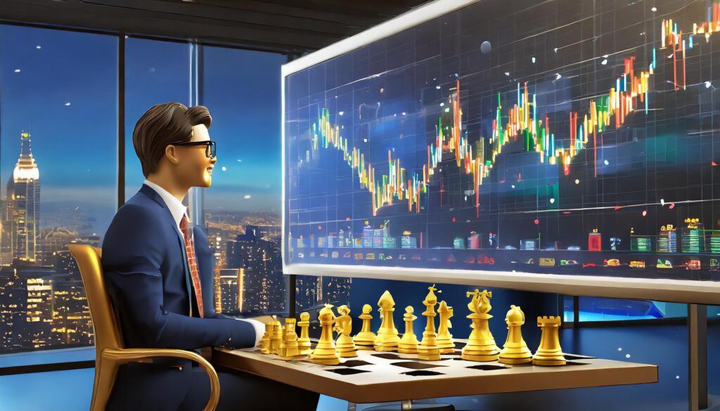 Our #1 Best Beginners Guide To Stock Market Investing! 2 A guy sitting down showing some stock and crypto investment graphs on a big screen, with a chess board showing strategy