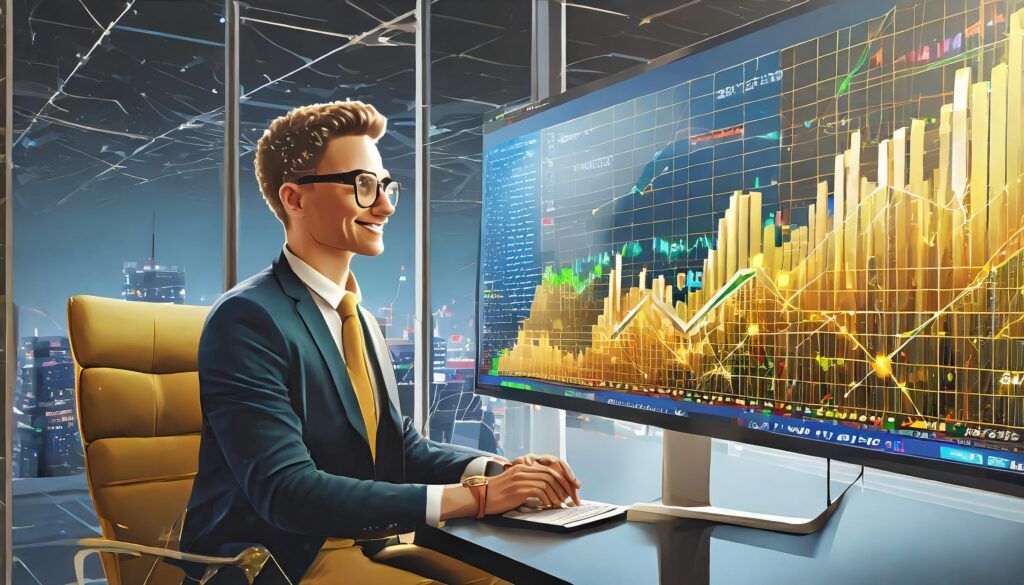 Our #1 Best Beginners Guide To Stock Market Investing! 1 Beginners Guide To Stock Market Investing - A guy sitting down showing some stock and crypto investment graphs on a big screen