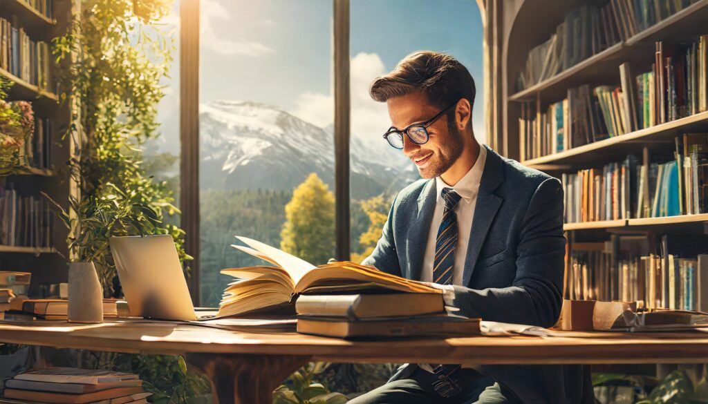 A guy studying or reading a book in a library