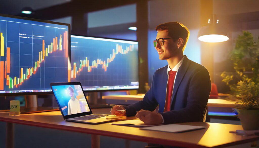 Our #1 Best Beginners Guide To Stock Market Investing! 6 A guy with 2 screens in front of him, one of the screens are like a course, with some text, and the other one with some graphs