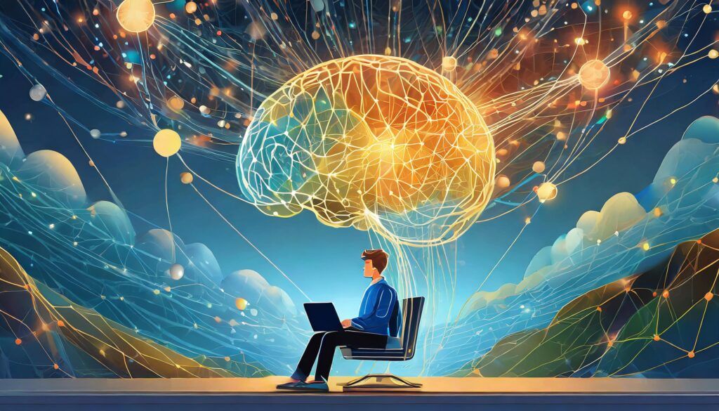 Grow to Succeed: The Essential Guide to a Growth Mindset 1 How To Develop A Growth Mindset For Success - A person sitting down watching a computer, and his mind is growing, showing something like webs is shooting out of a brain