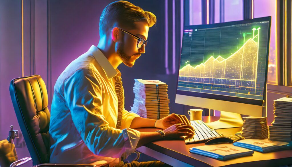 What Are Some Passive Income Streams? Our top 16 best picks! 1 What are some passive income streams - a guy sitting down on his desk, and has stacks of money laying on the desk, and he is working on his computer