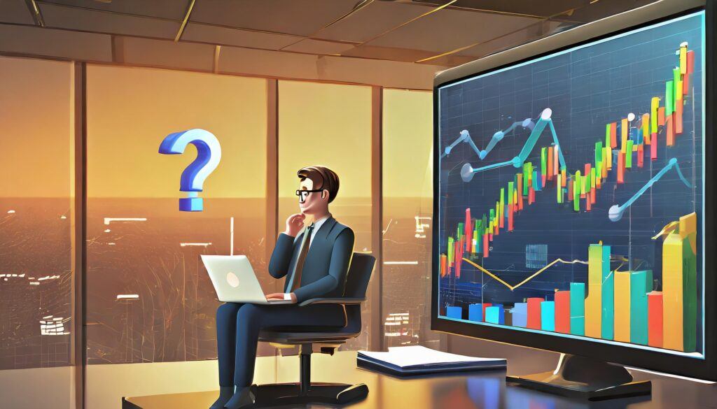 Our #1 Best Beginners Guide To Stock Market Investing! 5 a guy sitting in front of a screen with some stocks graphs on it, and a question mark over him