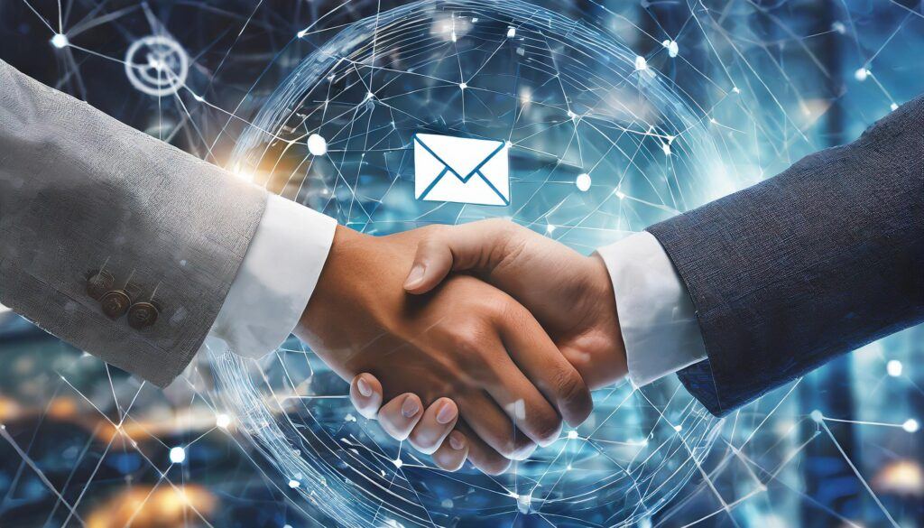 The Benefits Of Building An Email List For Affiliate Marketing 2 two human hands shaking against a background featuring digital elements and an email icon