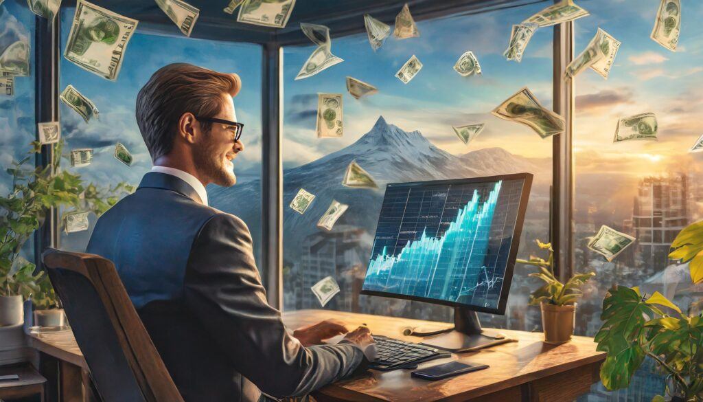The Top 5 Highest Paying Freelance Skills! 3 A-guy-at-his-computer-in-his-office-room-and-he-has-a-lot-of-money-with-a-graph-in-the-bac-scaled
