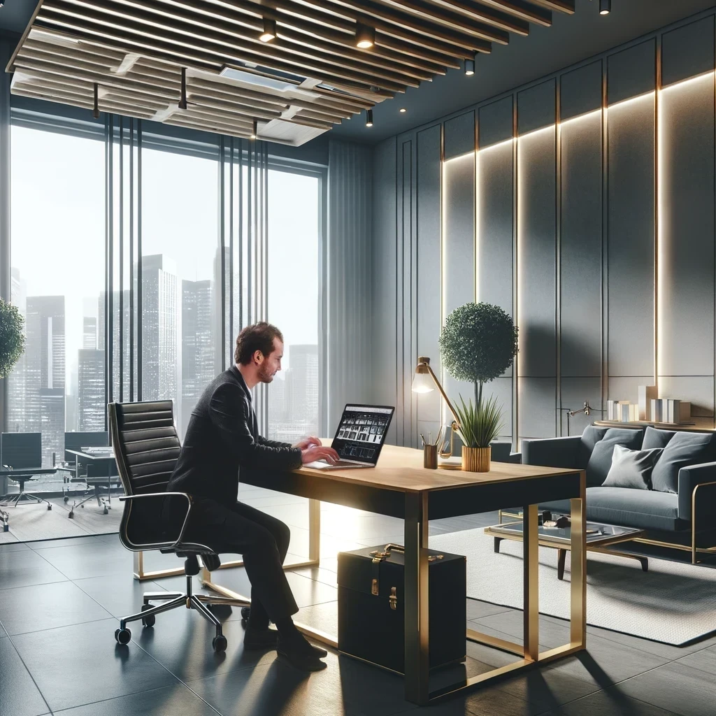 an-entrepreneur-sitting-at-a-desk-in-a-contemporary-office-working-on-a-laptop