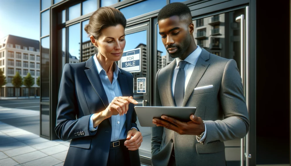 The Difference Between A Real Estate Agent And A Broker 1 DALL·E 2024 05 07 17.44.33 A realistic scene of a real estate agent and a broker standing next to each other discussing property details. The real estate agent is a middle aged